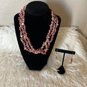 Pink Rhodocrosite stone triple layer Adjustable necklace with earrings